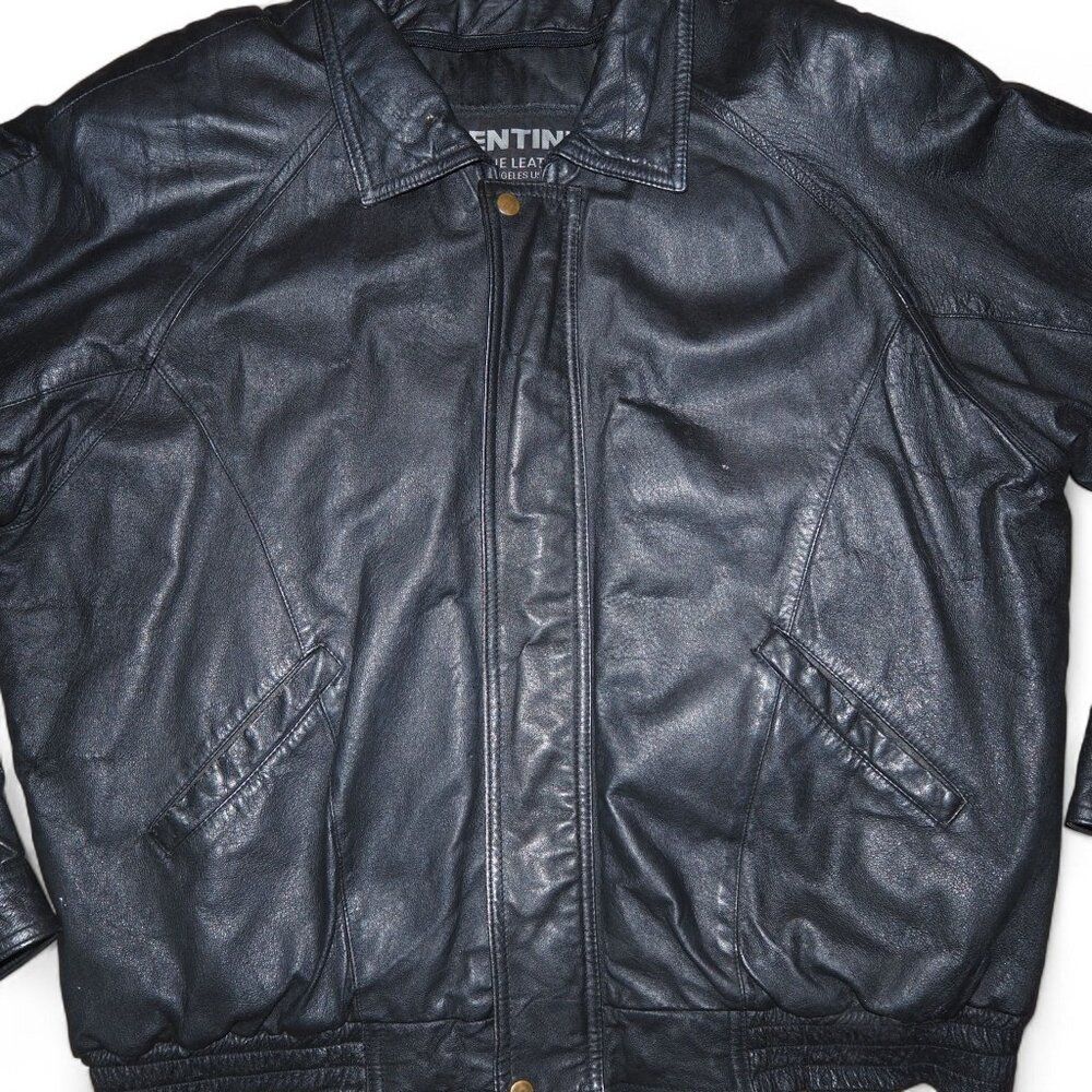 Rentini VTG Leather Grunge Punk Bomber Jacket "Sad Face" Men's L Black / White - Picture 5 of 10